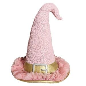 Bella Lux Pink Lace Resin Halloween Witches Hat w/ Pink Tulle Trim